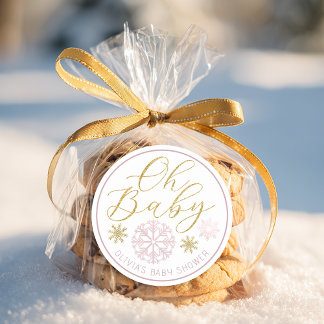 Pegatina Redonda Oh Baby Winter Wonderland Pink Baby Shower Favor
