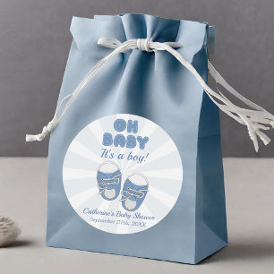 Pegatina Redonda Oh, bebé   Baby Shoes Dusty Blue Boy Baby Shower