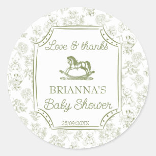 Pegatina Redonda Oh bebé caballo mecedor verde salvia baby shower