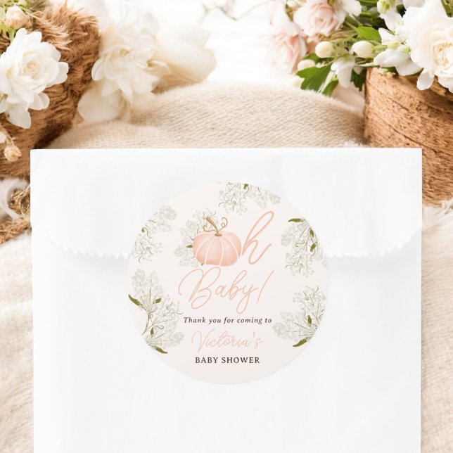 Pegatina Redonda Oh bebé calabaza rosa florida gracias bebé ducha (Oh Baby pink pumpkin floral thank you baby shower Classic Round Sticker)