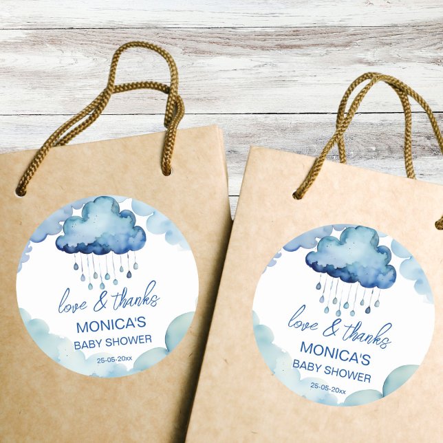 Pegatina Redonda Oh bebé nube ducha bebé gracias (Oh Baby cloud baby shower favor thank you  Sticker whimsical blue cloud with raindrops favor sticker)