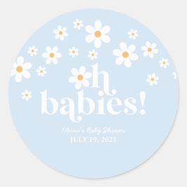 Pegatina Redonda ¡Oh Bebés! Retro Daisy azul boho Baby Shower