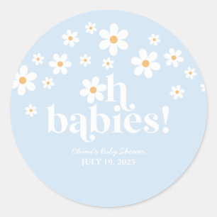Pegatina Redonda ¡Oh Bebés! Retro Daisy azul boho Baby Shower