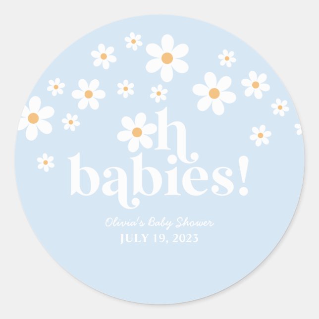Pegatina Redonda ¡Oh bebés! Retro Daisy blue boho Baby Shower (Anverso)