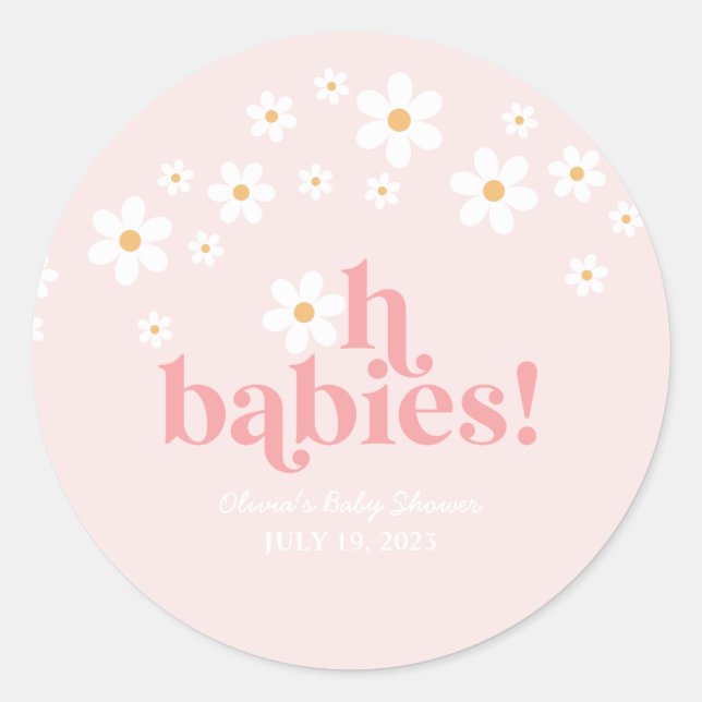 Pegatina Redonda oh bebés Retro Daisy Pink Baby Shower (Anverso)