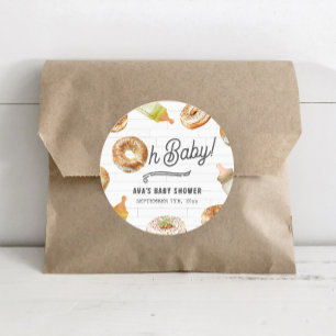Pegatina Redonda Oh Botellas Bebé y Bagels Baby Shower Brunch