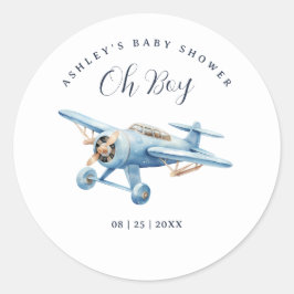 Pegatina Redonda Oh Boy! Adventure Awaits Airplane Boy Baby Shower