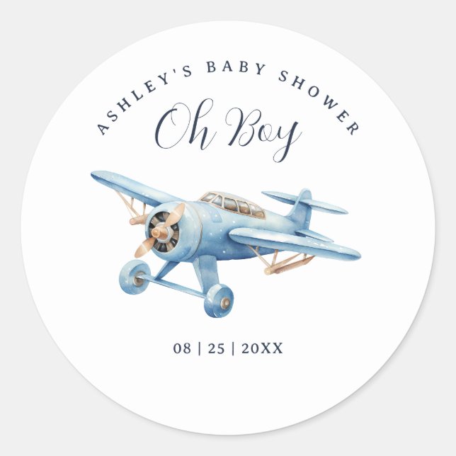 Pegatina Redonda Oh Boy! Adventure Awaits Airplane Boy Baby Shower (Anverso)