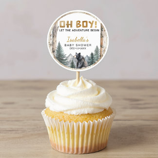 Pegatina Redonda Oh Boy Adventure Begin | Woodland Bear Baby Shower