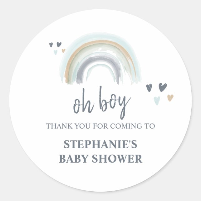 Pegatina Redonda Oh Boy Baby Shower Blue Boho Rainbow Gracias Cl (Anverso)