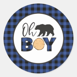 Pegatina Redonda Oh Boy Bear azul de cuadros de Búfalo Baby Shower