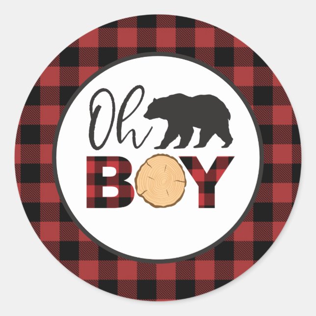 Pegatina Redonda Oh Boy Bear Buffalo Plantado Baby Shower (Anverso)
