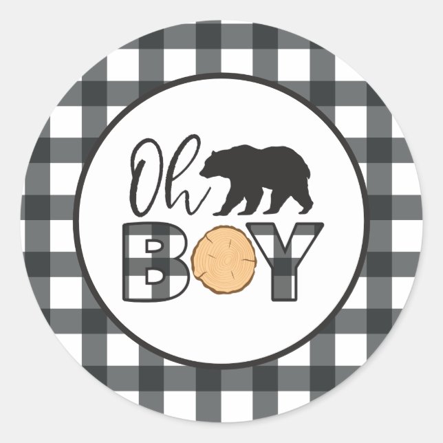 Pegatina Redonda Oh Boy Bear negro Búfalo Planchado Baby Shower (Anverso)