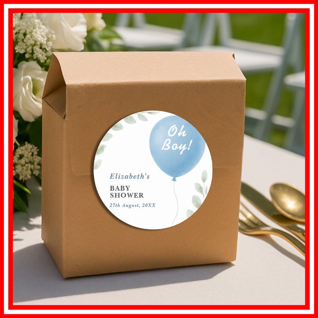 Pegatina Redonda Oh Boy Blue Balloon Eucalyptus Baby Shower (Subido por el creador)