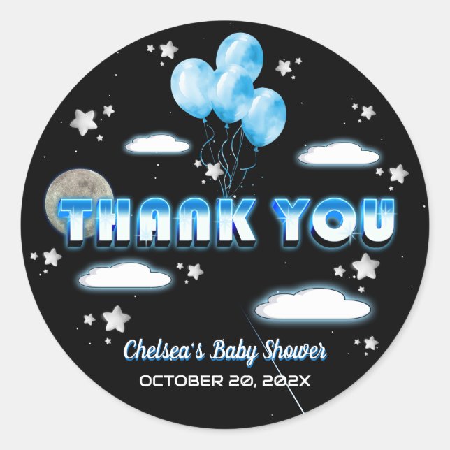 Pegatina Redonda Oh Boy Blue Balloons Galaxy Baby Shower Gracias (Anverso)