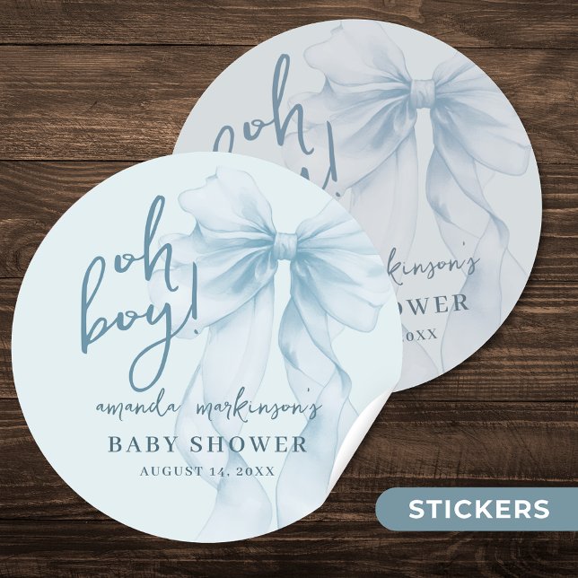 Pegatina Redonda Oh Boy Blue Watercolor Bow Baby Shower (Subido por el creador)