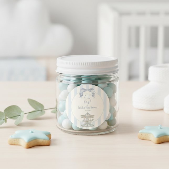 Pegatina Redonda Oh Boy Bow Carousel  Blue Stripe Baby Shower  (Subido por el creador)