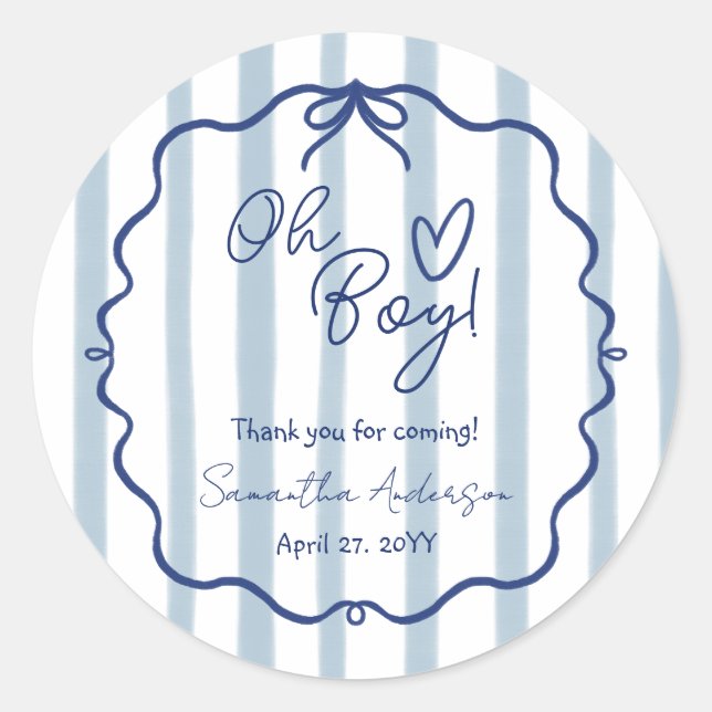 Pegatina Redonda Oh Boy Cute Moderno Dusty Blue Baby Shower Pegatin (Anverso)