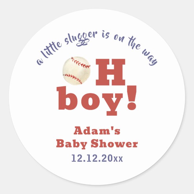 Pegatina Redonda Oh Boy Little Slugger Baseball Sport Baby Shower  (Anverso)