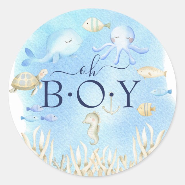 Pegatina Redonda Oh Boy Under the Sea Baby Shower Favor (Anverso)