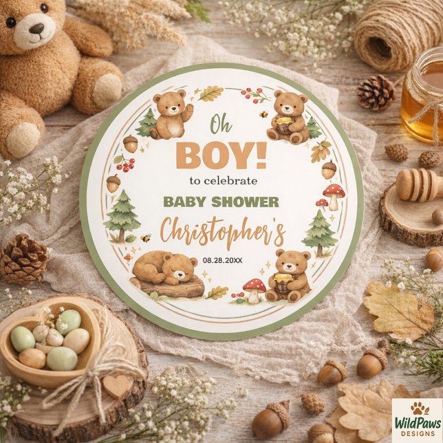 Pegatina Redonda Oh Boy Watercolor Woodland Bear Baby Shower (Oh Boy Watercolor Woodland Bear Baby Shower Classic Round Sticker)