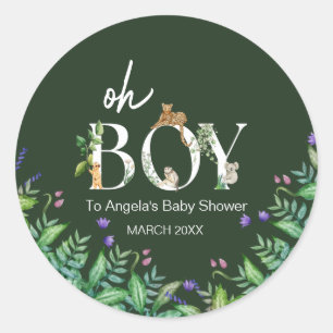 Pegatina Redonda Oh chico Safari Animal Jungle White Baby Shower