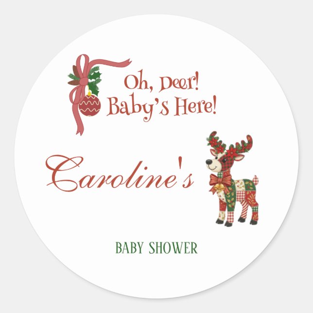 Pegatina Redonda Oh, Deer! Baby’s Here! – Christmas Baby Shower (Anverso)
