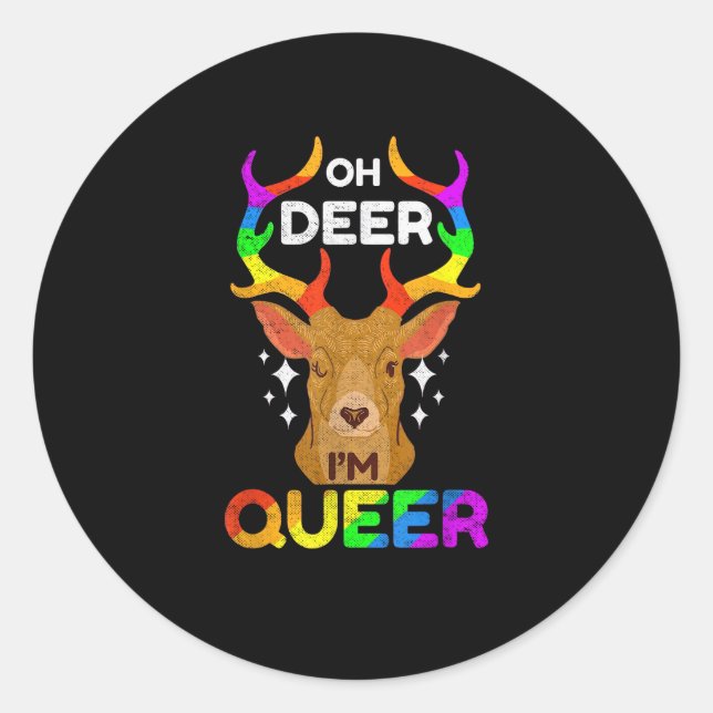 Pegatina Redonda Oh Deer Queer Funny LGBTQ Pride Awareness  (Anverso)