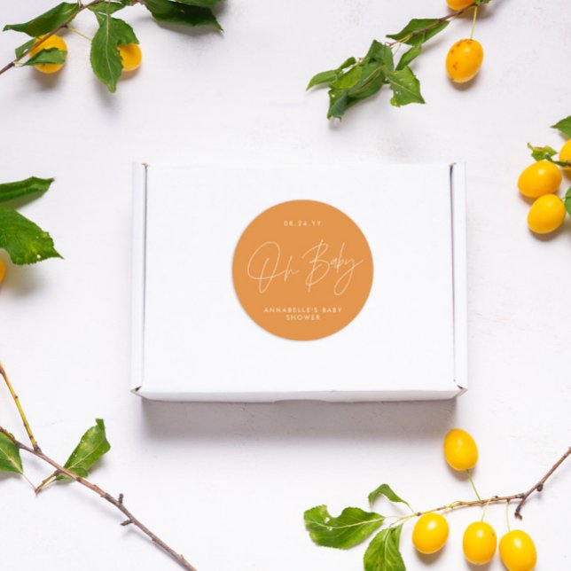 Pegatina Redonda Oh guión de ducha bebé naranja moderno elegante (Subido por el creador)