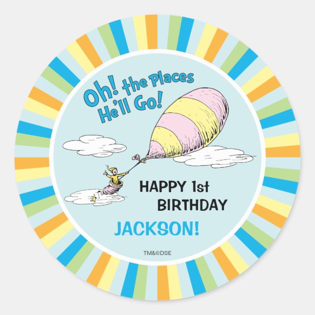 Pegatina Redonda ¡Oh, los lugares a los que irá! - Primer cumpleaño (Anverso)