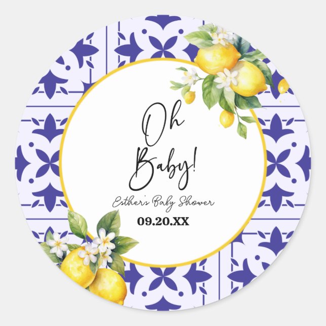 Pegatina Redonda ¡Oh, nena! Blue Mediterranean Tile Lemon Baby Show (Anverso)