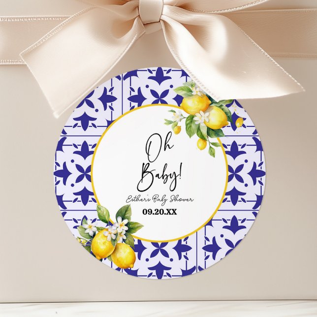 Pegatina Redonda ¡Oh, nena! Blue Mediterranean Tile Lemon Baby Show (Subido por el creador)