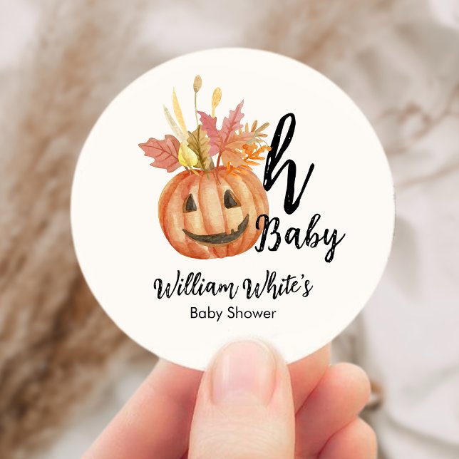 Pegatina Redonda ¡Oh, nena! Halloween Fall Pumpkin Leaf Baby Shower (Oh Baby! Halloween Fall Pumpkin Leave Baby Shower Classic Round Sticker)