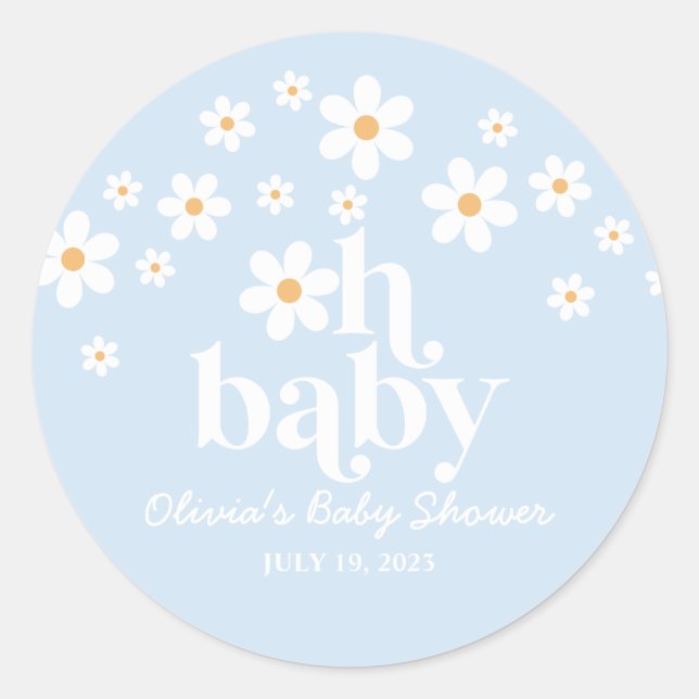 Pegatina Redonda ¡Oh, nena! Retro Daisy blue boho Baby Shower (Anverso)