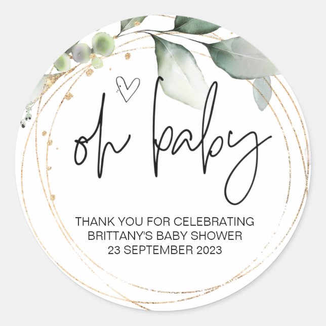 Pegatina Redonda Oh Niña Bebé Cute Baby Shower Simple Elegante (Anverso)