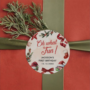 Pegatina Redonda Oh Qué Divertido Navidades Primera Fiesta de Cumpl