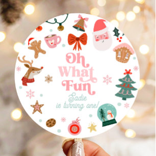 Pegatina Redonda Oh Qué Navidades divertidos Chica Fiesta Primer Cu