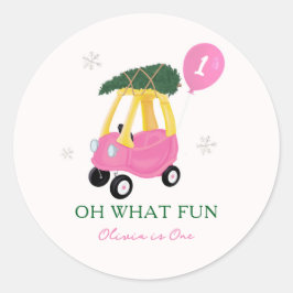 Pegatina Redonda Oh What Fun Pink Christmas Car 1st Birthday Party 