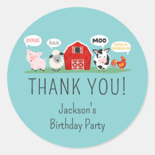 Pegatina Redonda Oink Baa Moo Gracias Fiesta de animales de granja