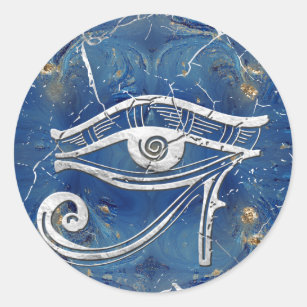 Pegatina Redonda Ojo egipcio plateado de Horus sobre mármol azul