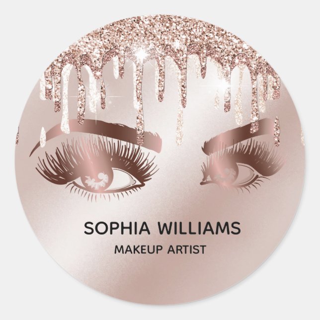 Pegatina Redonda ojos de maquillaje giratorio rosa oro goteo purpur (Anverso)