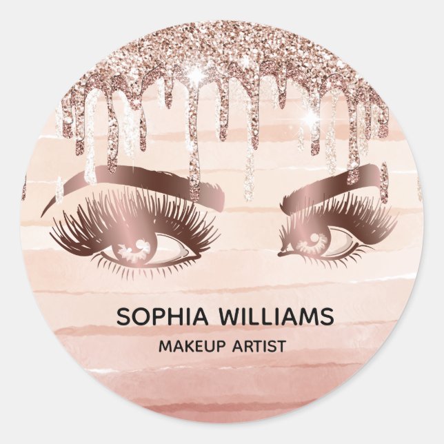 Pegatina Redonda ojos de maquillaje giratorio rosa oro goteo purpur (Anverso)