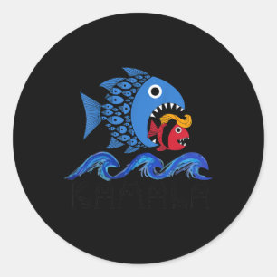 Pegatina Redonda Ola Azul 2024 Gracioso Pescado Grande Comer Pescad