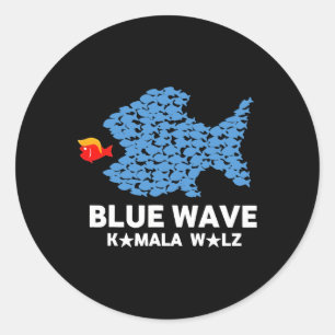 Pegatina Redonda Ola Azul 2024 Gracioso Pescado Grande Comer Pescad