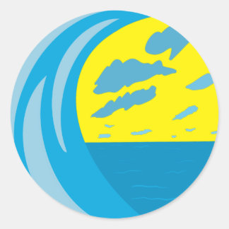 Pegatina Redonda Ola azul del océano nubes cielo amarillo