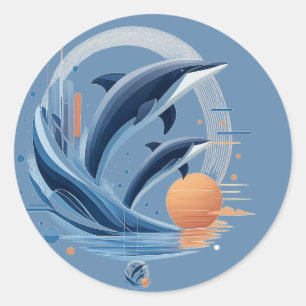 Pegatina Redonda Ola de Delfín Moderna – Arte Oceánico Futurista   