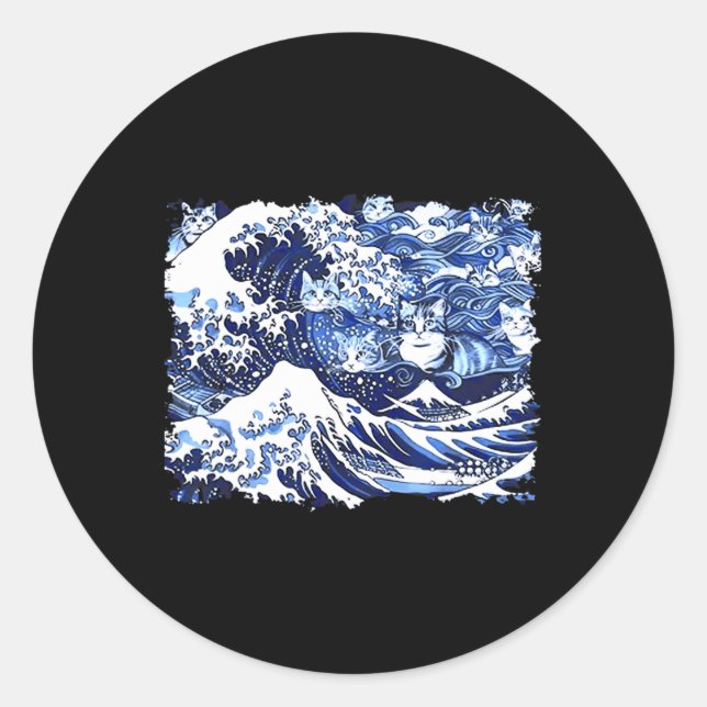 Pegatina Redonda Ola De Gatos Azules Para La Divertida Dama De Gato (Anverso)