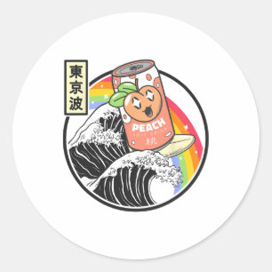 Pegatina Redonda Ola de Kanagawa Surfing Soda de Melocotón Japón Va