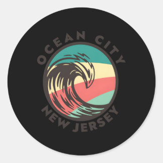 Pegatina Redonda Ola De Playa Nj De Ocean City En Colores