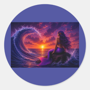 Pegatina Redonda Ola de sirena mística Fantasía Atardecer Arte Oceá